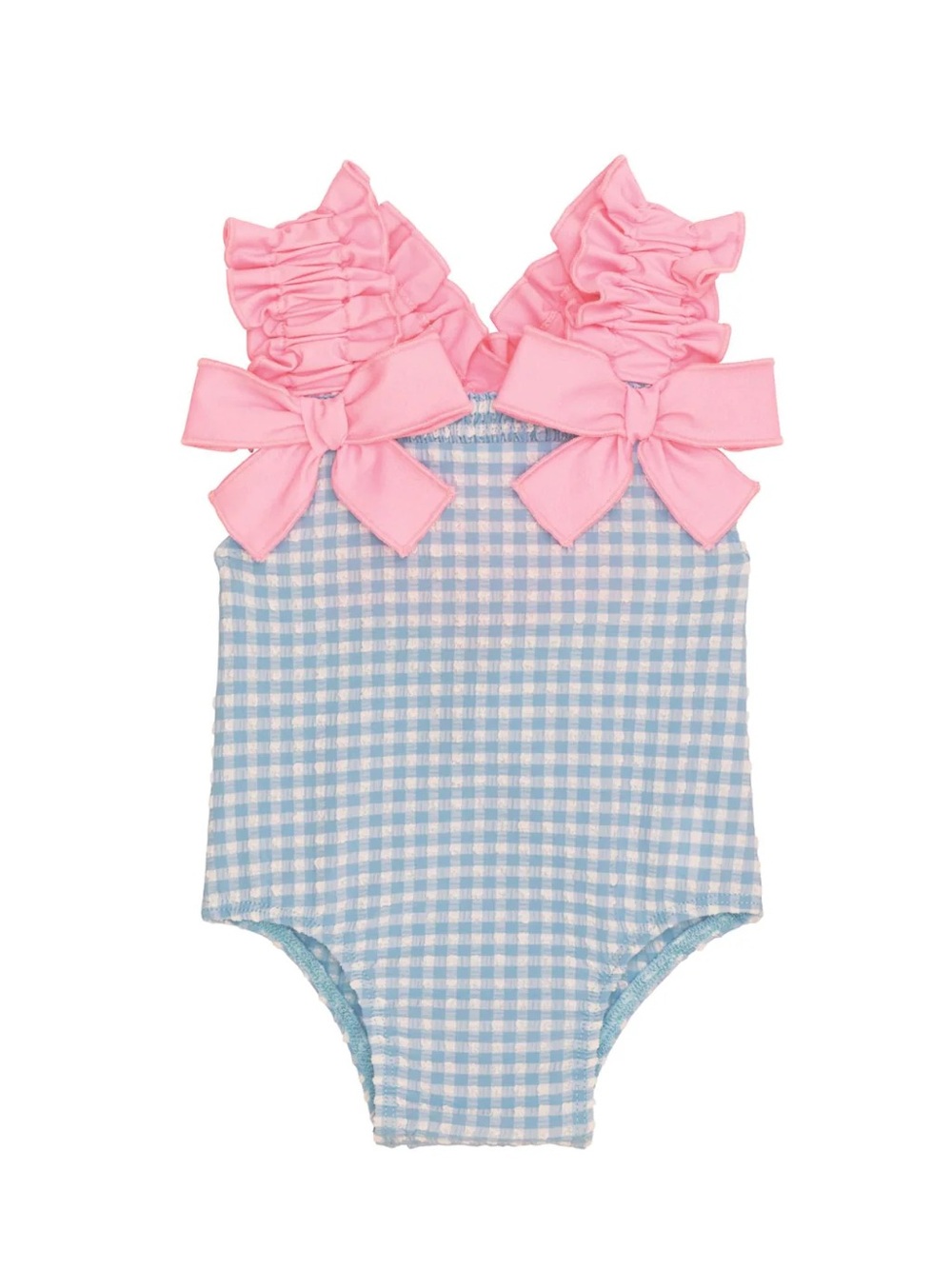 Girls Gingham One-Piece with Pink Ruffle Bow Straps